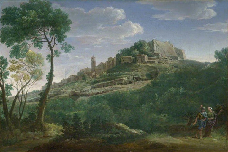  نقاشیِ قلعه&zwnj;ای بر فراز تپه با زوجی تروايی در پیش&zwnj;زمینه نقاشی&zwnj;ای از هندریک فرانس فان لینت که قهرمان تروا، آئِنیاس، و کاهنه&zwnj;ای از معبد آپولون را به تصویر می&zwnj;کشد (۱۷۰۰&ndash;۱۷۲۶). گالری ملی / Alamy